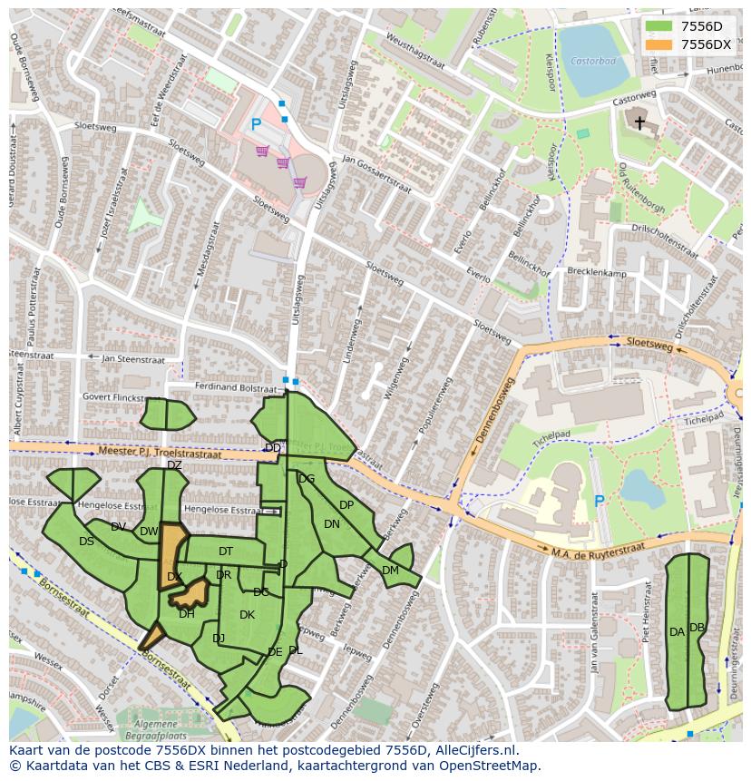 Afbeelding van het postcodegebied 7556 DX op de kaart.