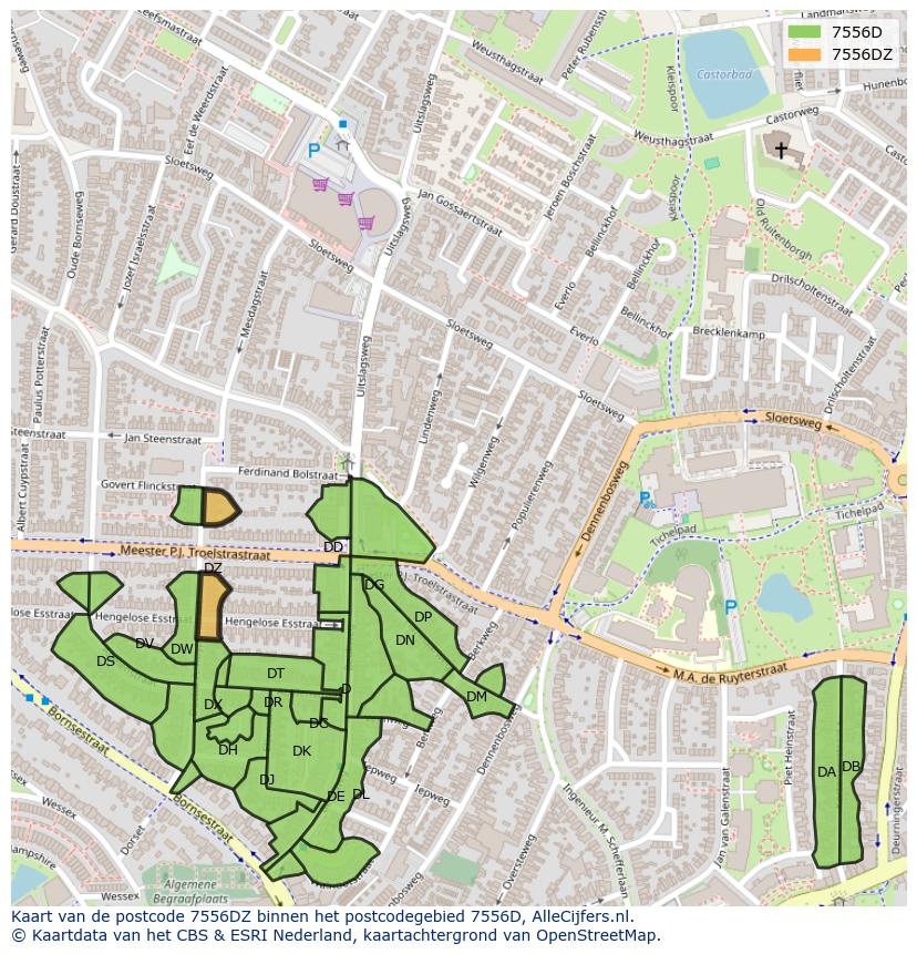 Afbeelding van het postcodegebied 7556 DZ op de kaart.