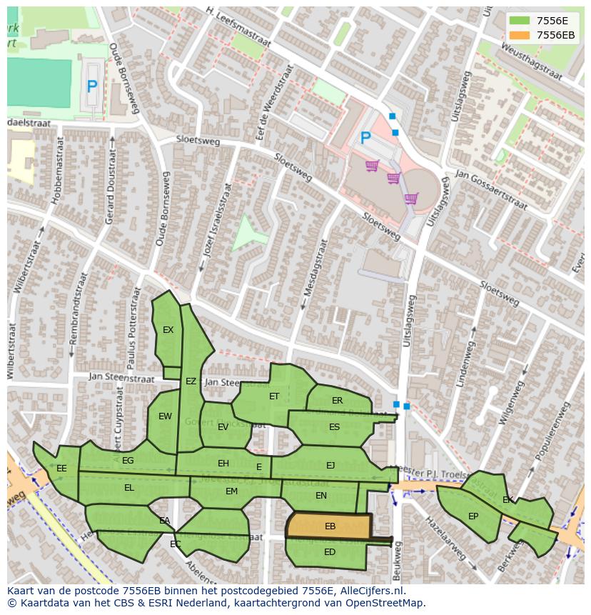 Afbeelding van het postcodegebied 7556 EB op de kaart.
