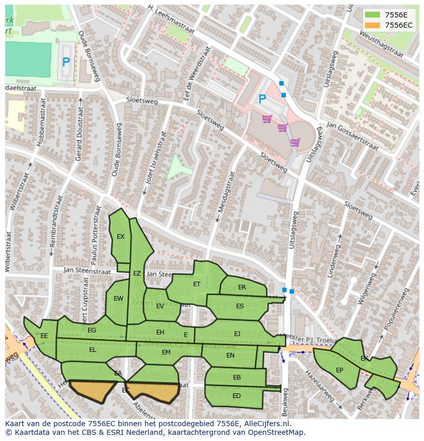 Afbeelding van het postcodegebied 7556 EC op de kaart.