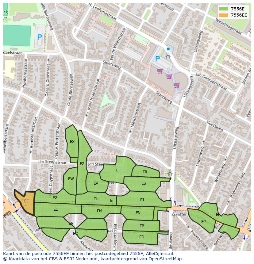 Afbeelding van het postcodegebied 7556 EE op de kaart.