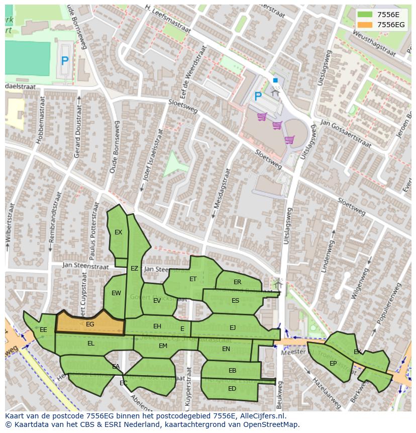 Afbeelding van het postcodegebied 7556 EG op de kaart.