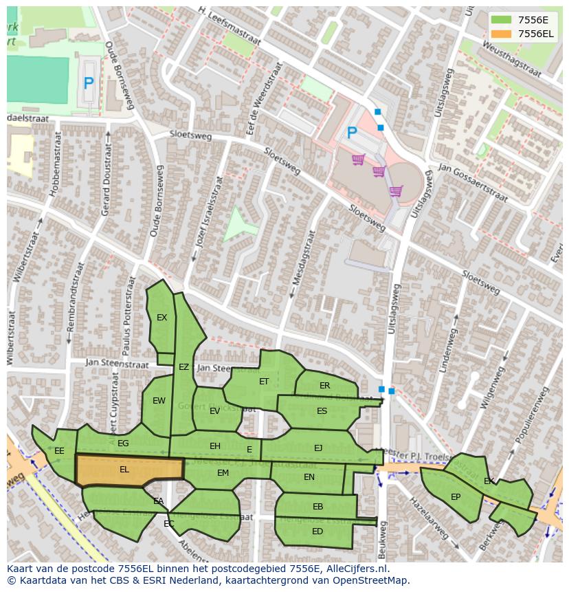 Afbeelding van het postcodegebied 7556 EL op de kaart.