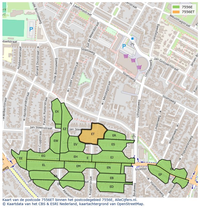 Afbeelding van het postcodegebied 7556 ET op de kaart.