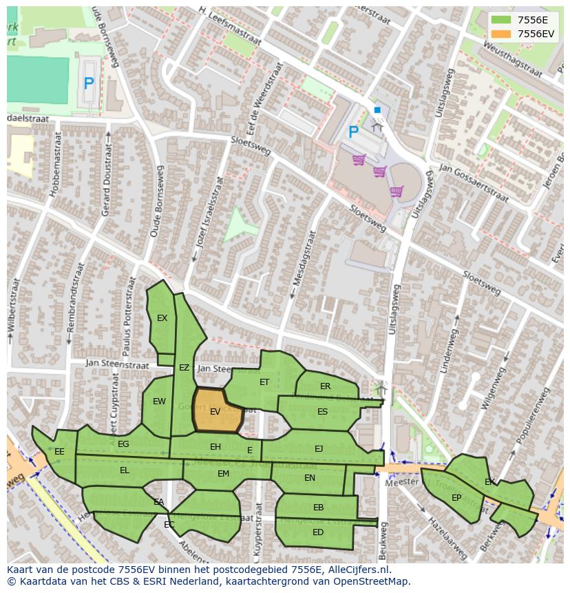 Afbeelding van het postcodegebied 7556 EV op de kaart.