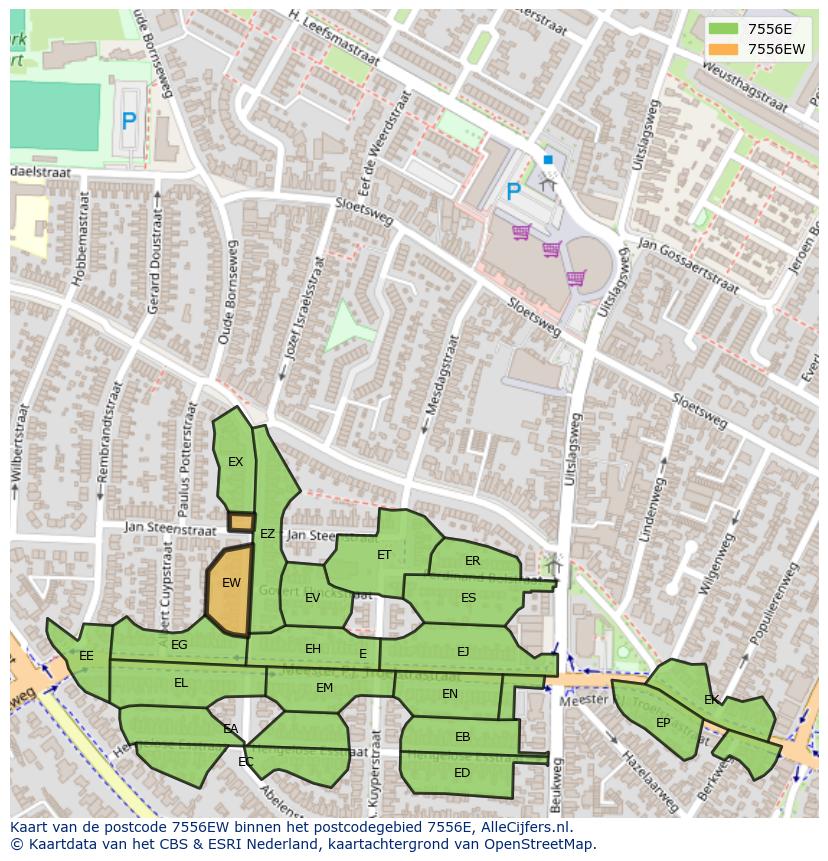 Afbeelding van het postcodegebied 7556 EW op de kaart.