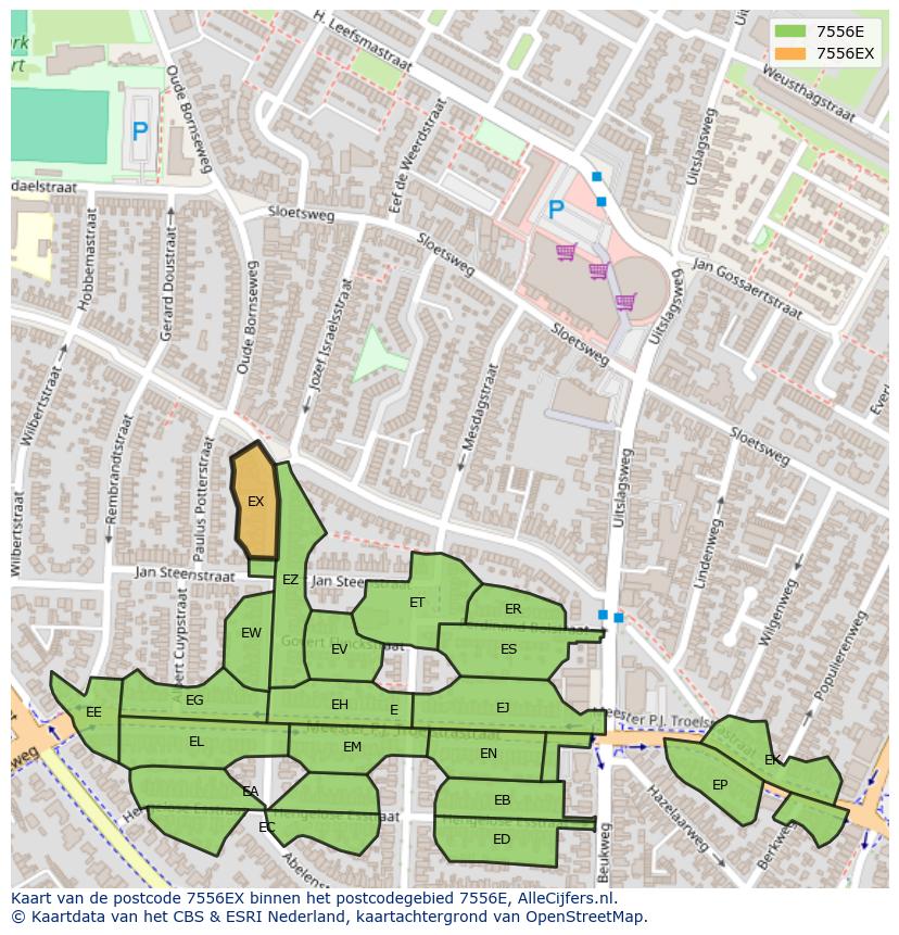 Afbeelding van het postcodegebied 7556 EX op de kaart.