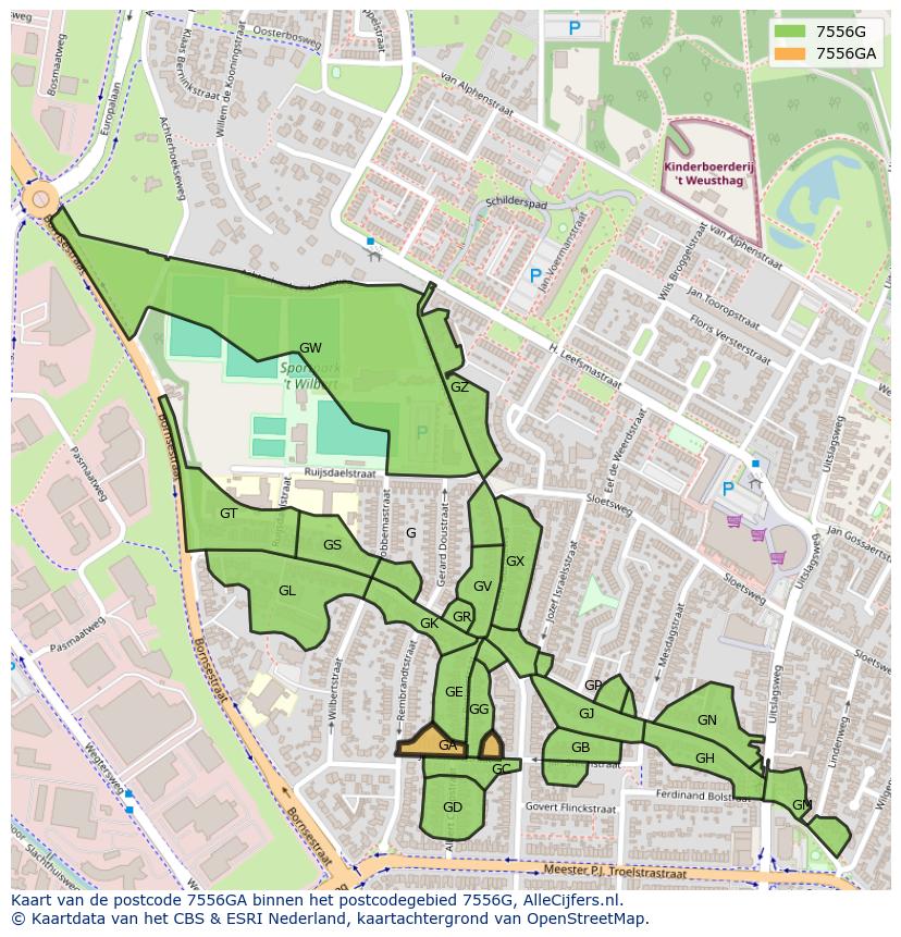 Afbeelding van het postcodegebied 7556 GA op de kaart.