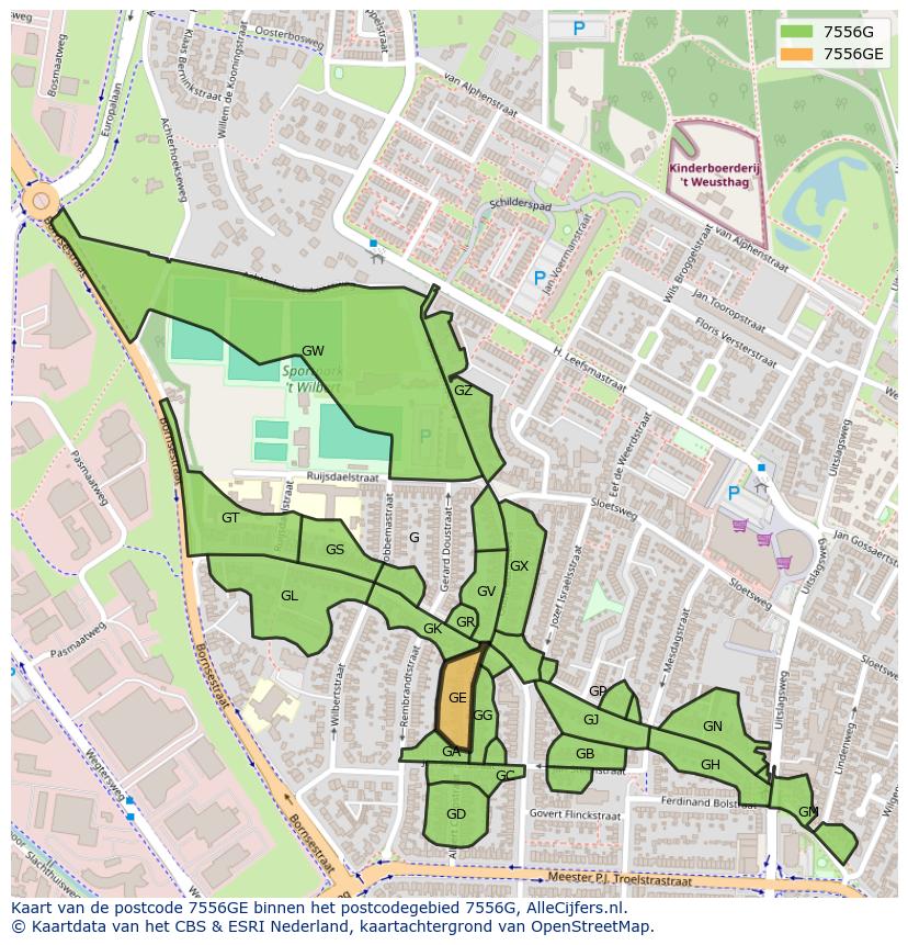 Afbeelding van het postcodegebied 7556 GE op de kaart.