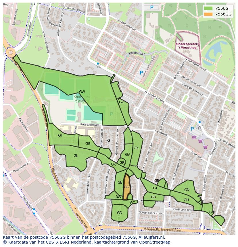 Afbeelding van het postcodegebied 7556 GG op de kaart.