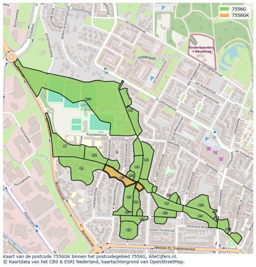 Afbeelding van het postcodegebied 7556 GK op de kaart.