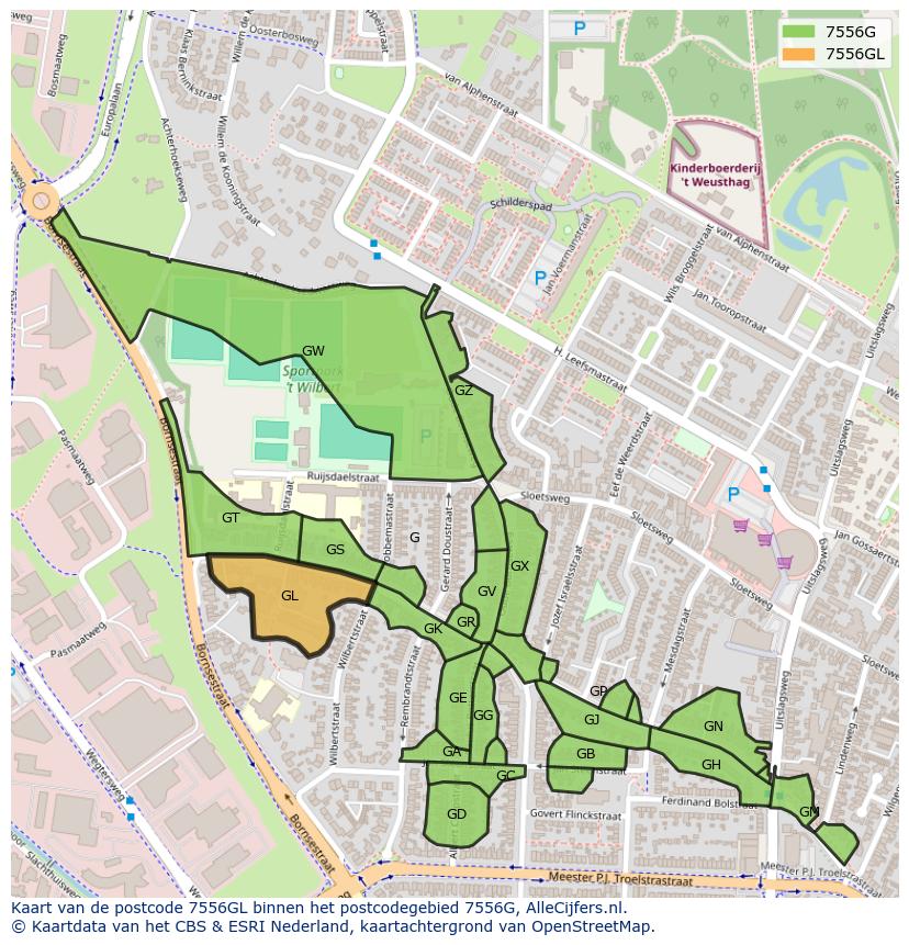 Afbeelding van het postcodegebied 7556 GL op de kaart.
