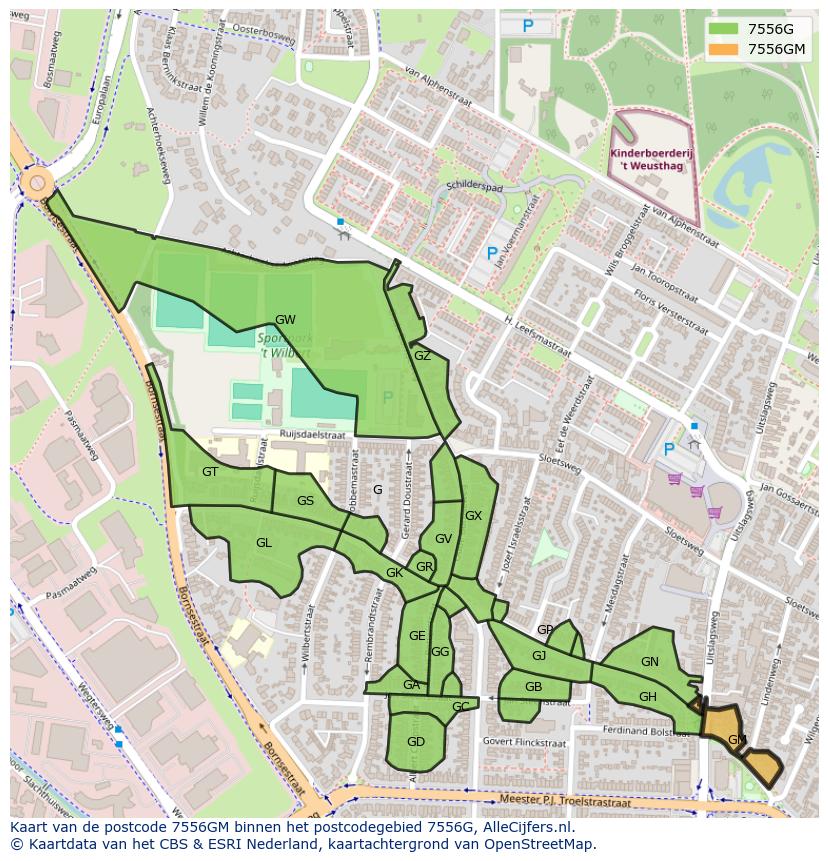 Afbeelding van het postcodegebied 7556 GM op de kaart.