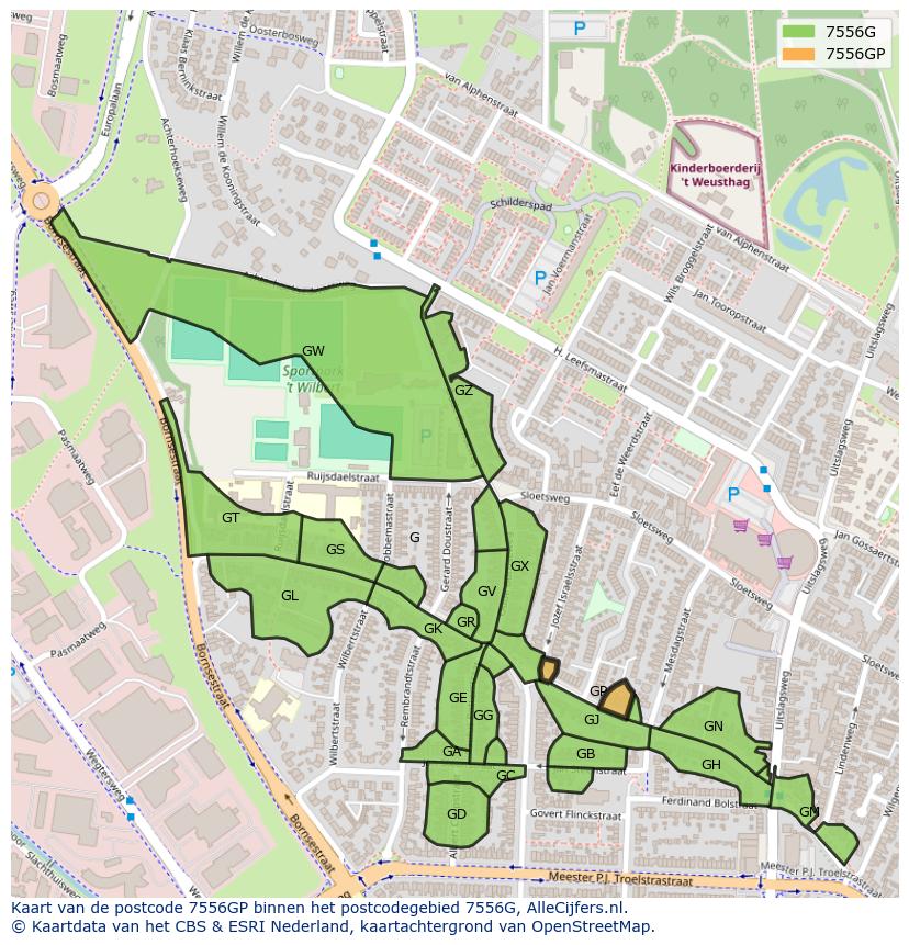 Afbeelding van het postcodegebied 7556 GP op de kaart.
