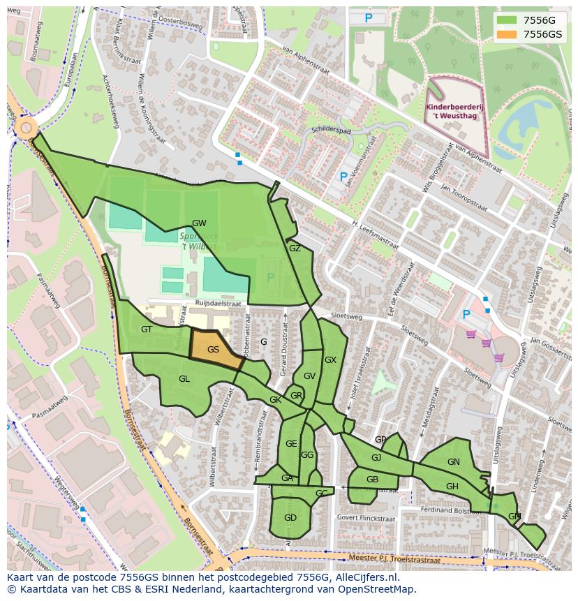 Afbeelding van het postcodegebied 7556 GS op de kaart.