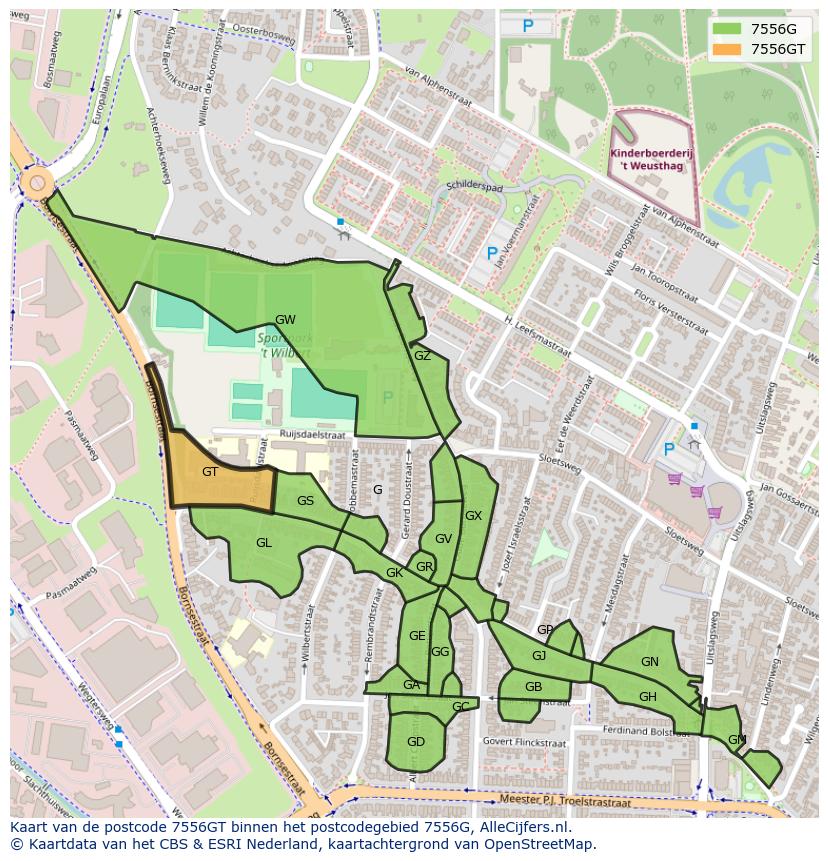Afbeelding van het postcodegebied 7556 GT op de kaart.