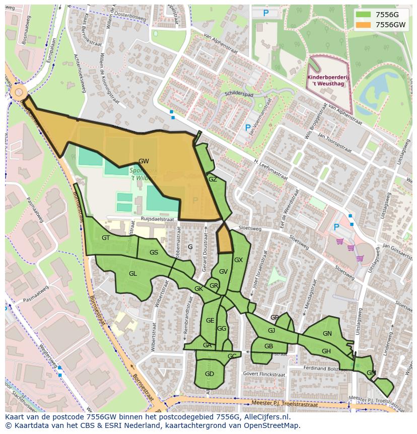 Afbeelding van het postcodegebied 7556 GW op de kaart.