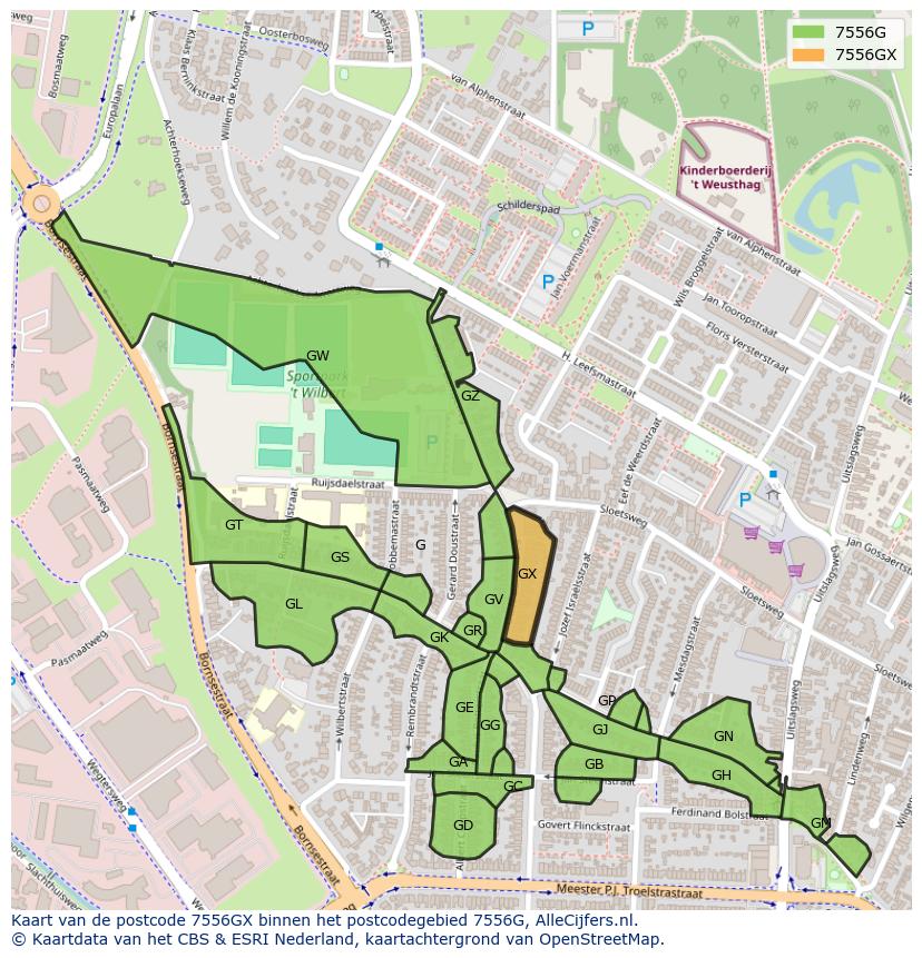 Afbeelding van het postcodegebied 7556 GX op de kaart.