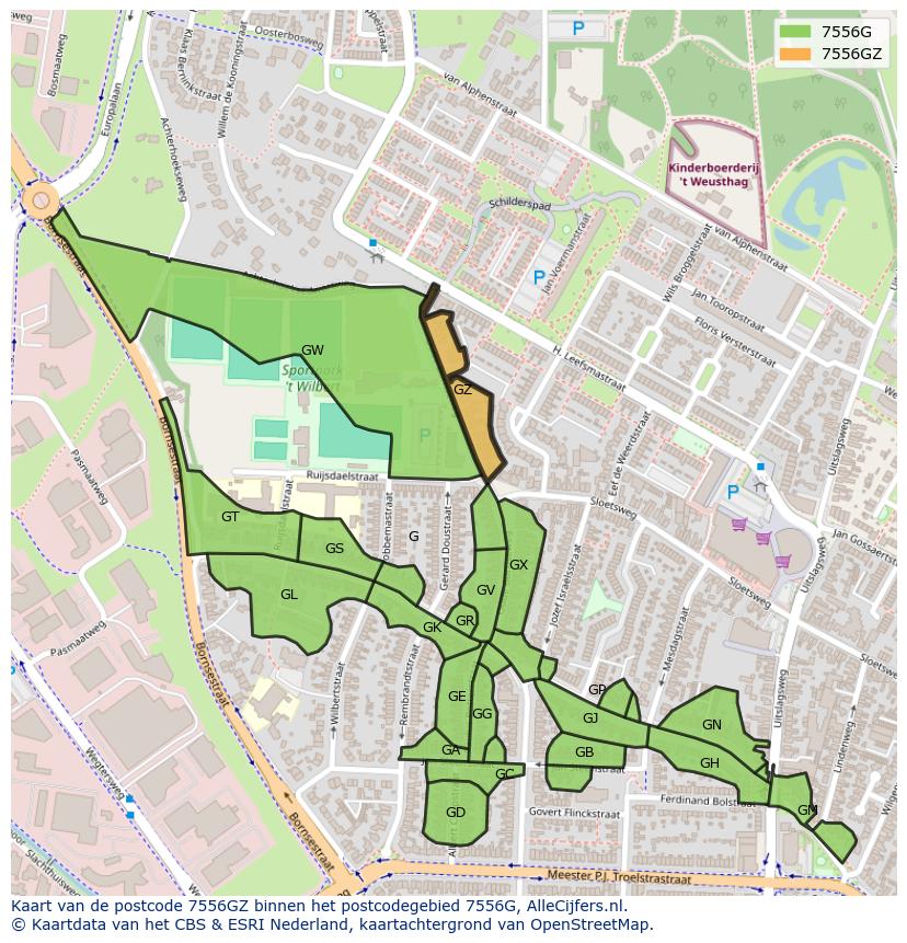Afbeelding van het postcodegebied 7556 GZ op de kaart.