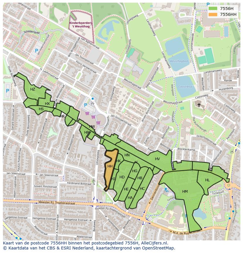 Afbeelding van het postcodegebied 7556 HH op de kaart.