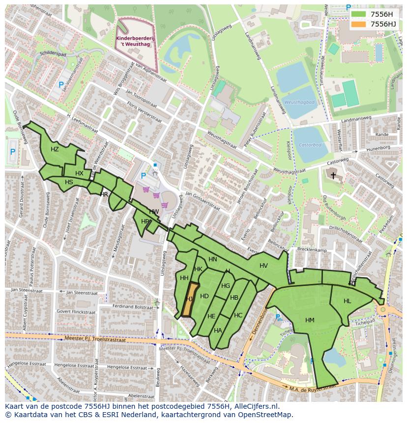 Afbeelding van het postcodegebied 7556 HJ op de kaart.