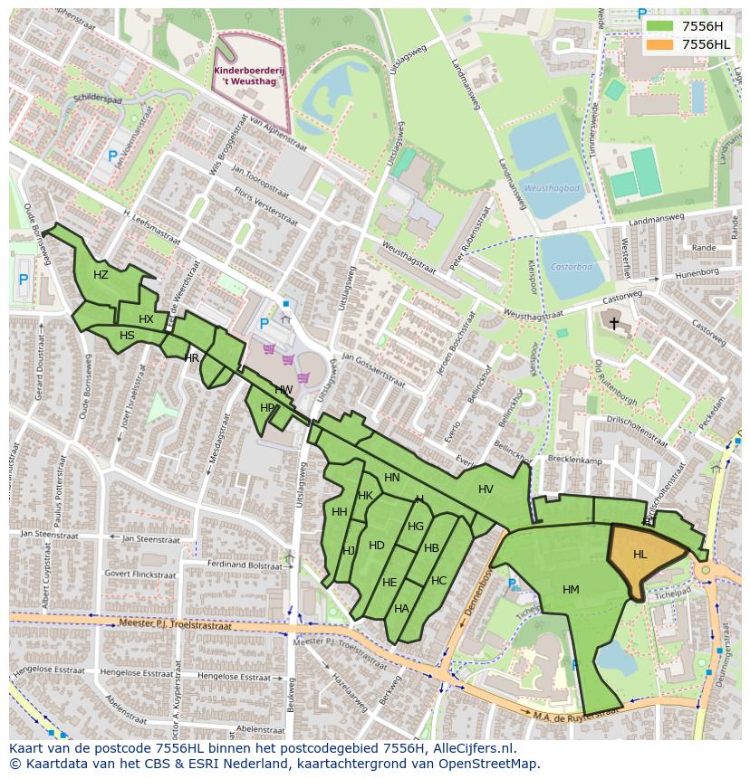 Afbeelding van het postcodegebied 7556 HL op de kaart.