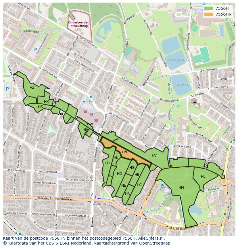 Afbeelding van het postcodegebied 7556 HN op de kaart.
