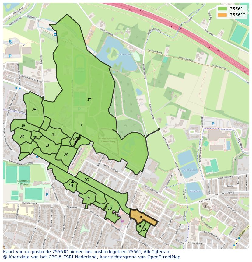 Afbeelding van het postcodegebied 7556 JC op de kaart.