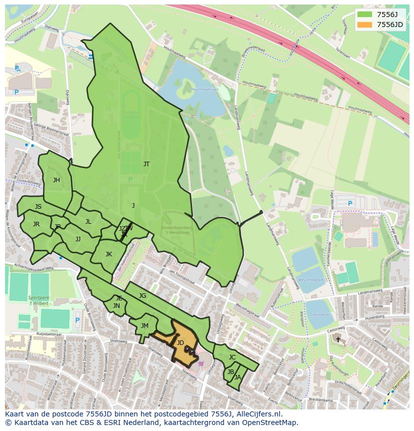 Afbeelding van het postcodegebied 7556 JD op de kaart.
