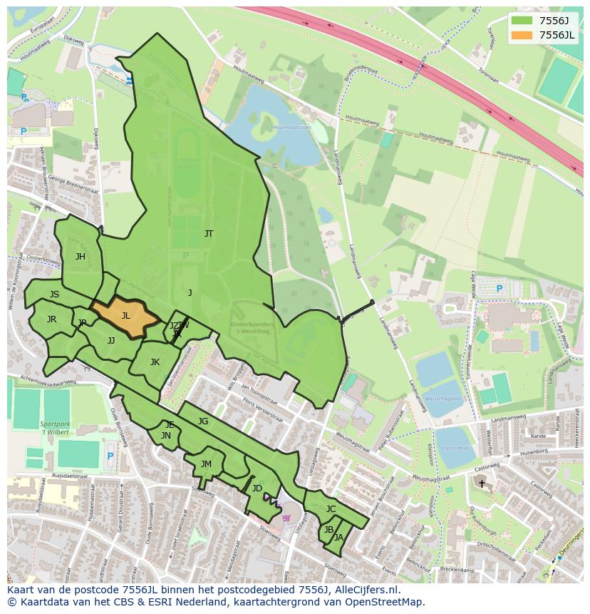 Afbeelding van het postcodegebied 7556 JL op de kaart.
