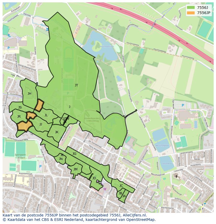 Afbeelding van het postcodegebied 7556 JP op de kaart.