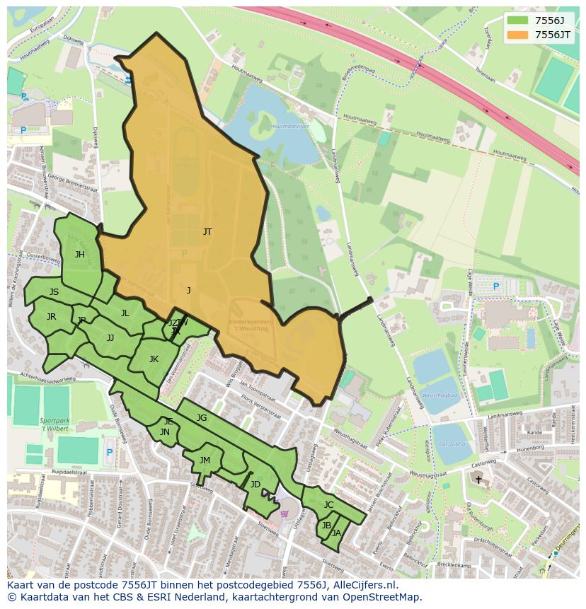 Afbeelding van het postcodegebied 7556 JT op de kaart.
