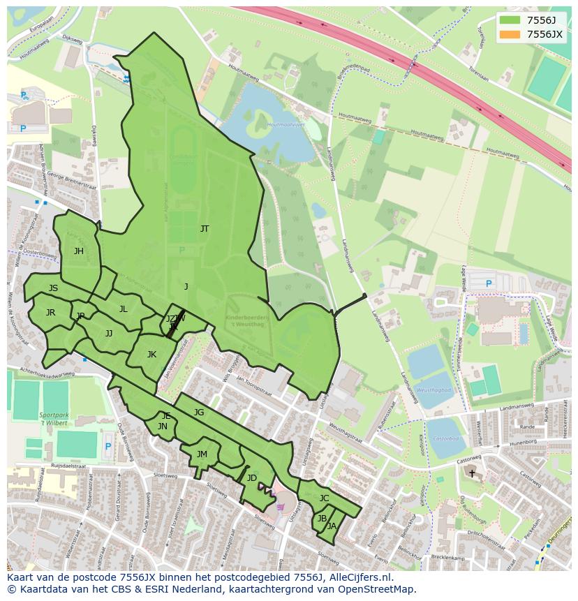 Afbeelding van het postcodegebied 7556 JX op de kaart.