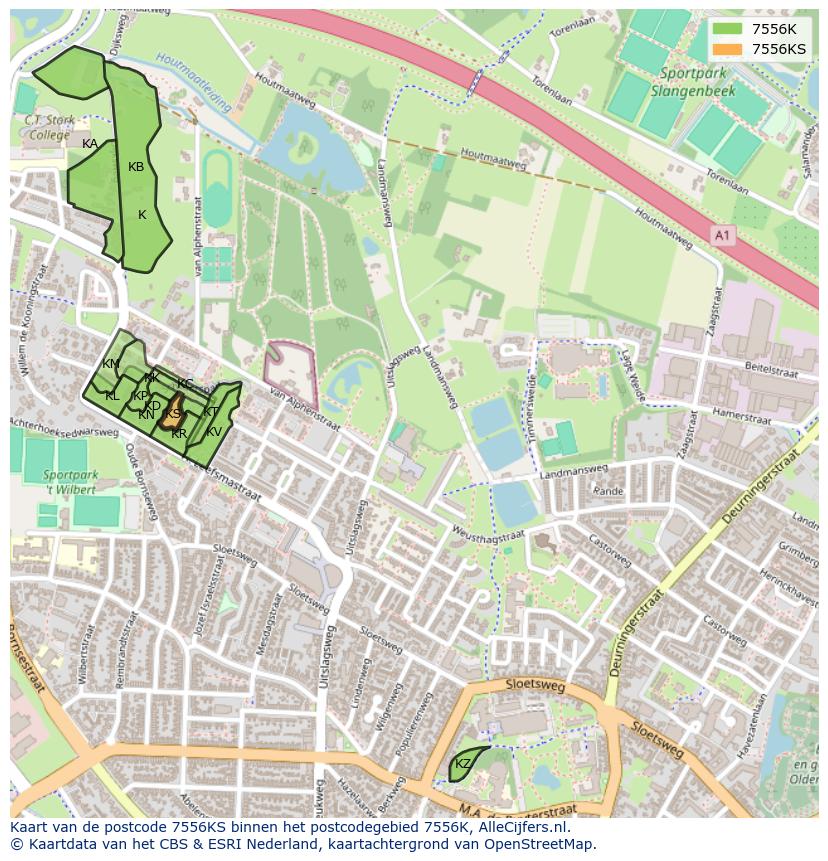 Afbeelding van het postcodegebied 7556 KS op de kaart.