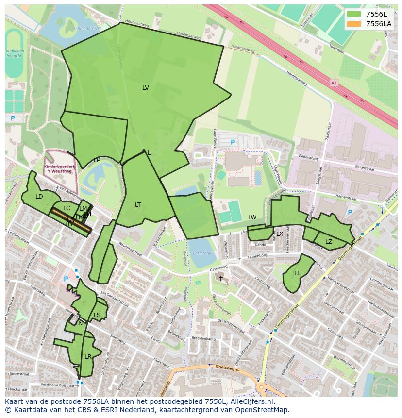 Afbeelding van het postcodegebied 7556 LA op de kaart.
