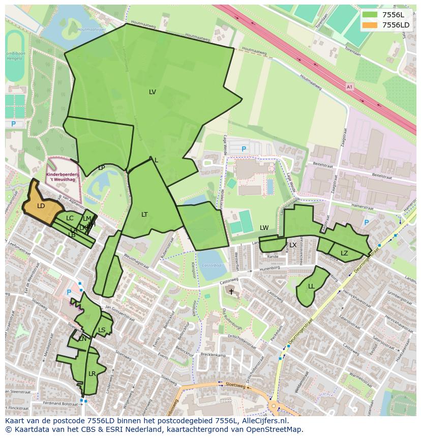 Afbeelding van het postcodegebied 7556 LD op de kaart.