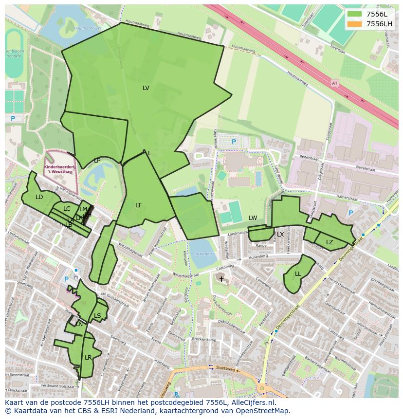 Afbeelding van het postcodegebied 7556 LH op de kaart.