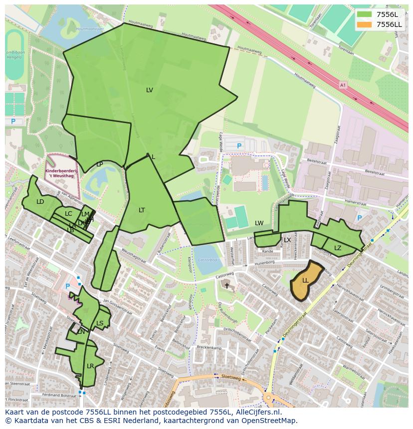 Afbeelding van het postcodegebied 7556 LL op de kaart.