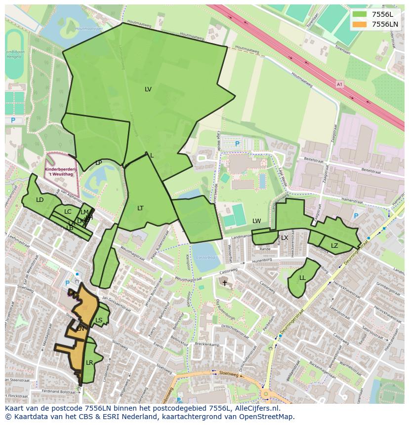 Afbeelding van het postcodegebied 7556 LN op de kaart.