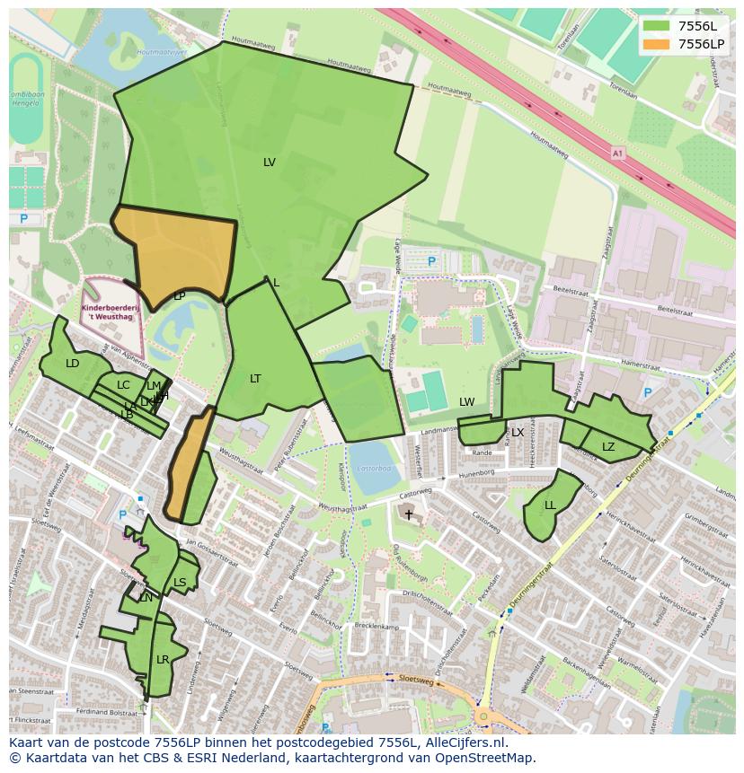 Afbeelding van het postcodegebied 7556 LP op de kaart.