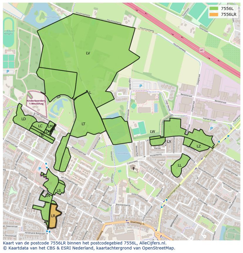 Afbeelding van het postcodegebied 7556 LR op de kaart.