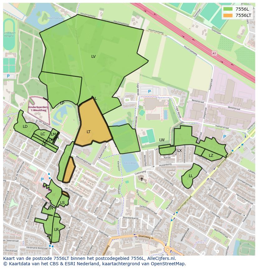 Afbeelding van het postcodegebied 7556 LT op de kaart.
