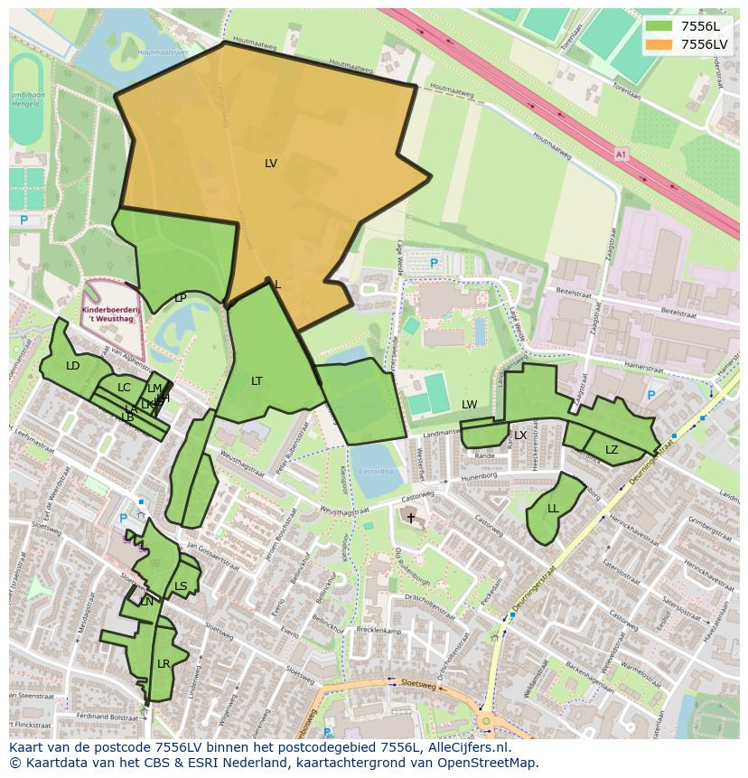 Afbeelding van het postcodegebied 7556 LV op de kaart.