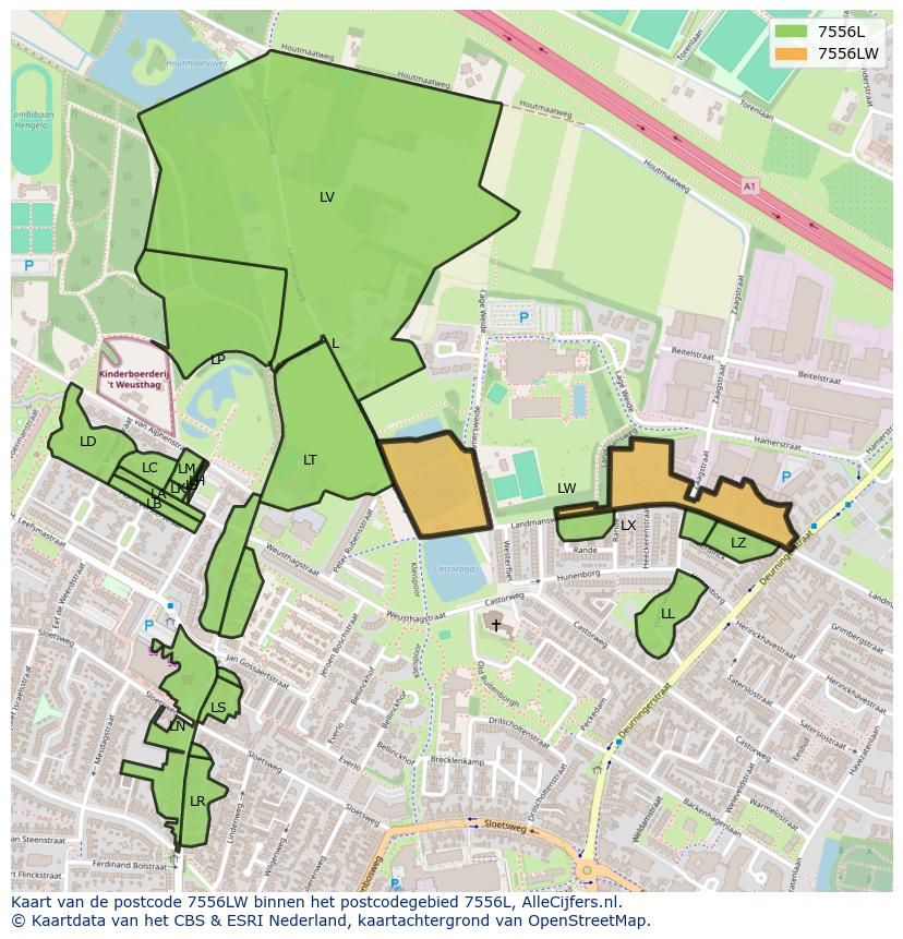 Afbeelding van het postcodegebied 7556 LW op de kaart.