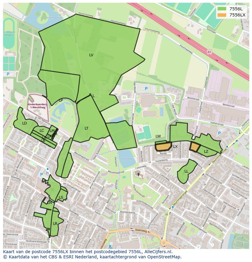 Afbeelding van het postcodegebied 7556 LX op de kaart.