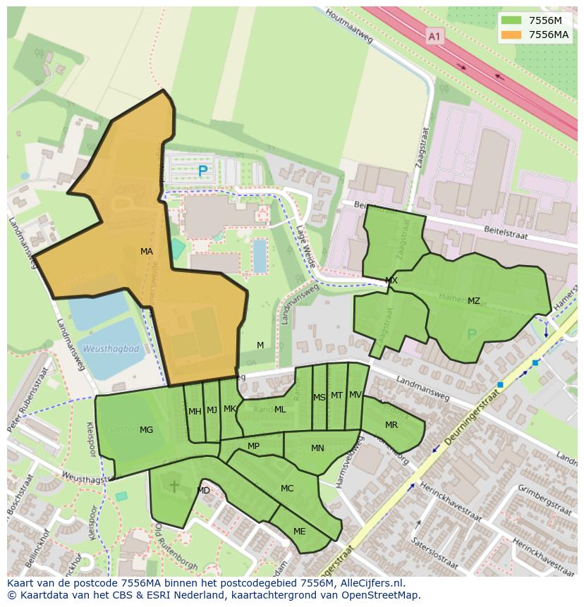 Afbeelding van het postcodegebied 7556 MA op de kaart.
