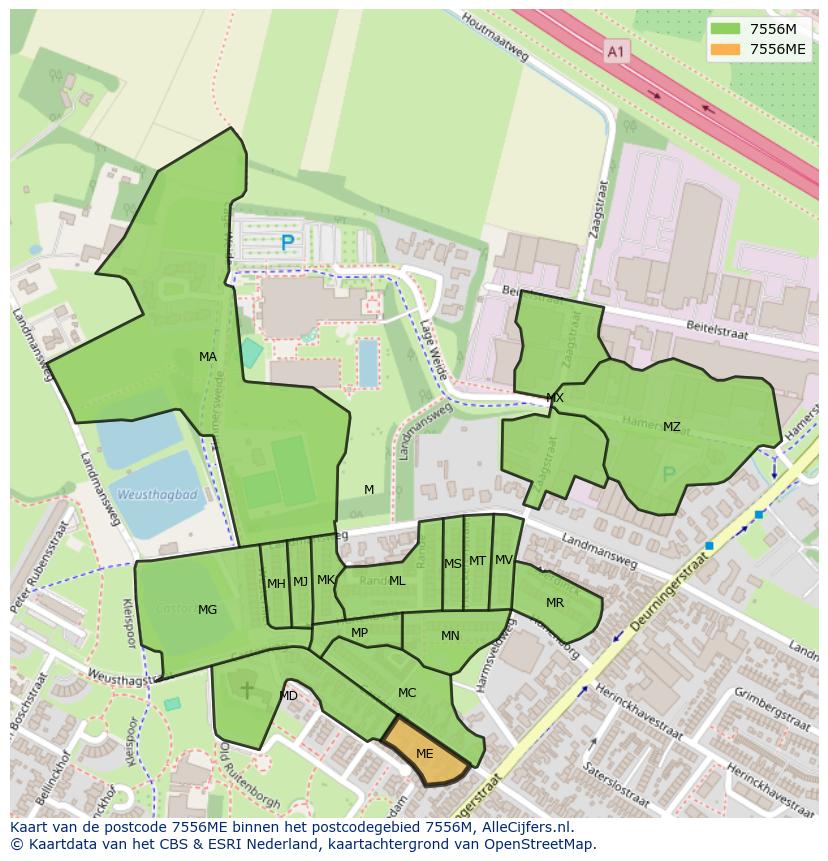 Afbeelding van het postcodegebied 7556 ME op de kaart.