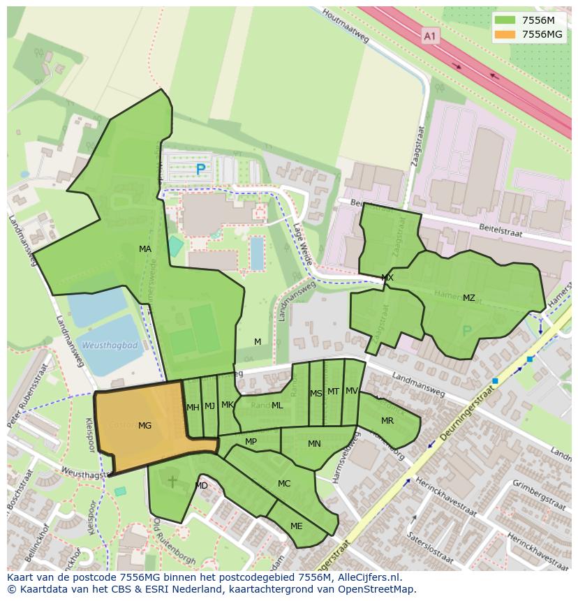 Afbeelding van het postcodegebied 7556 MG op de kaart.