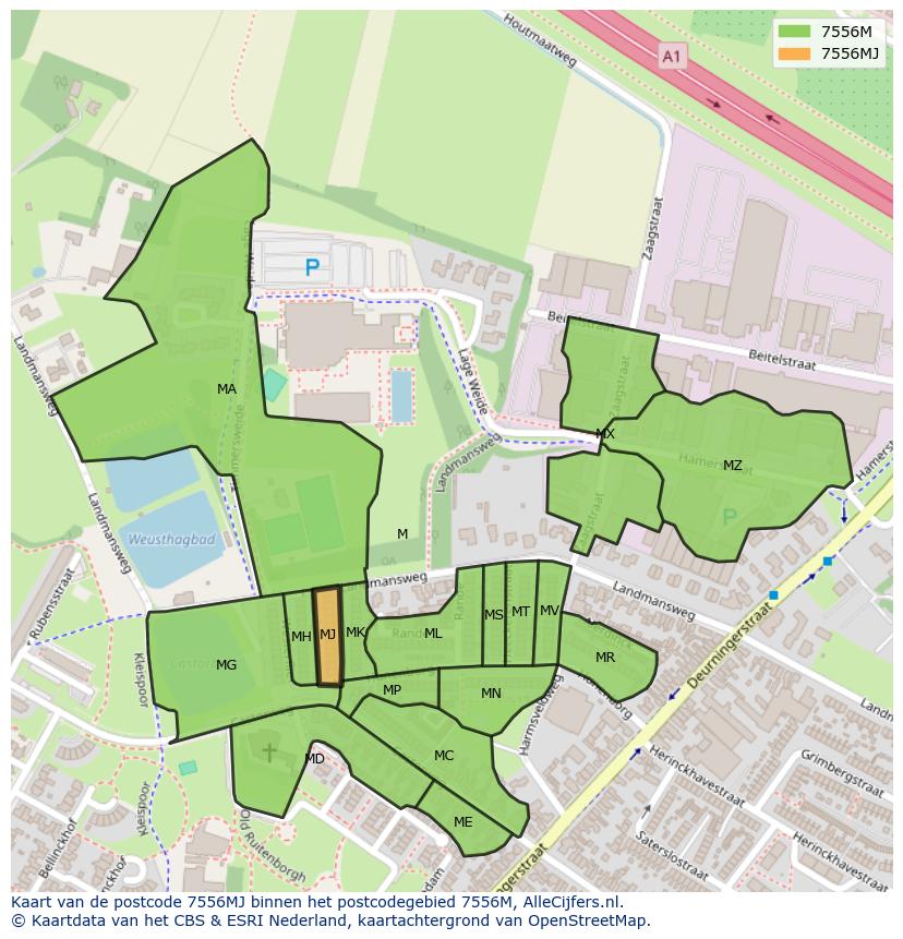 Afbeelding van het postcodegebied 7556 MJ op de kaart.