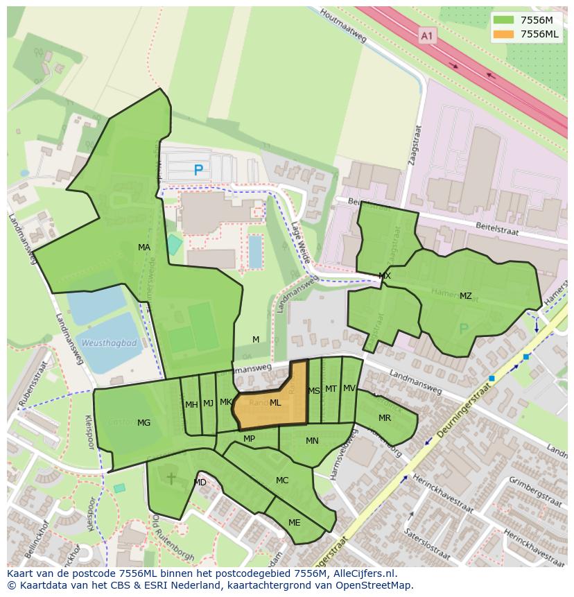 Afbeelding van het postcodegebied 7556 ML op de kaart.